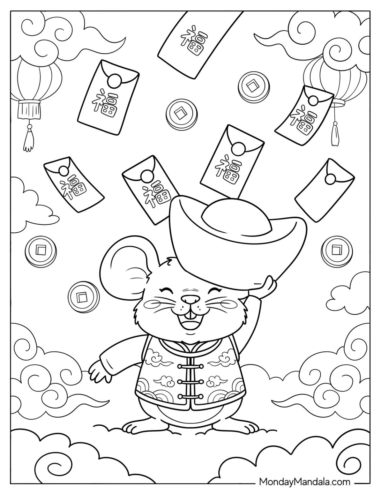 Chinese New Year Coloring Page of Zodiac Mouse Holding a Gold Ingot with Red Envelopes, Lucky Coins and Lanterns