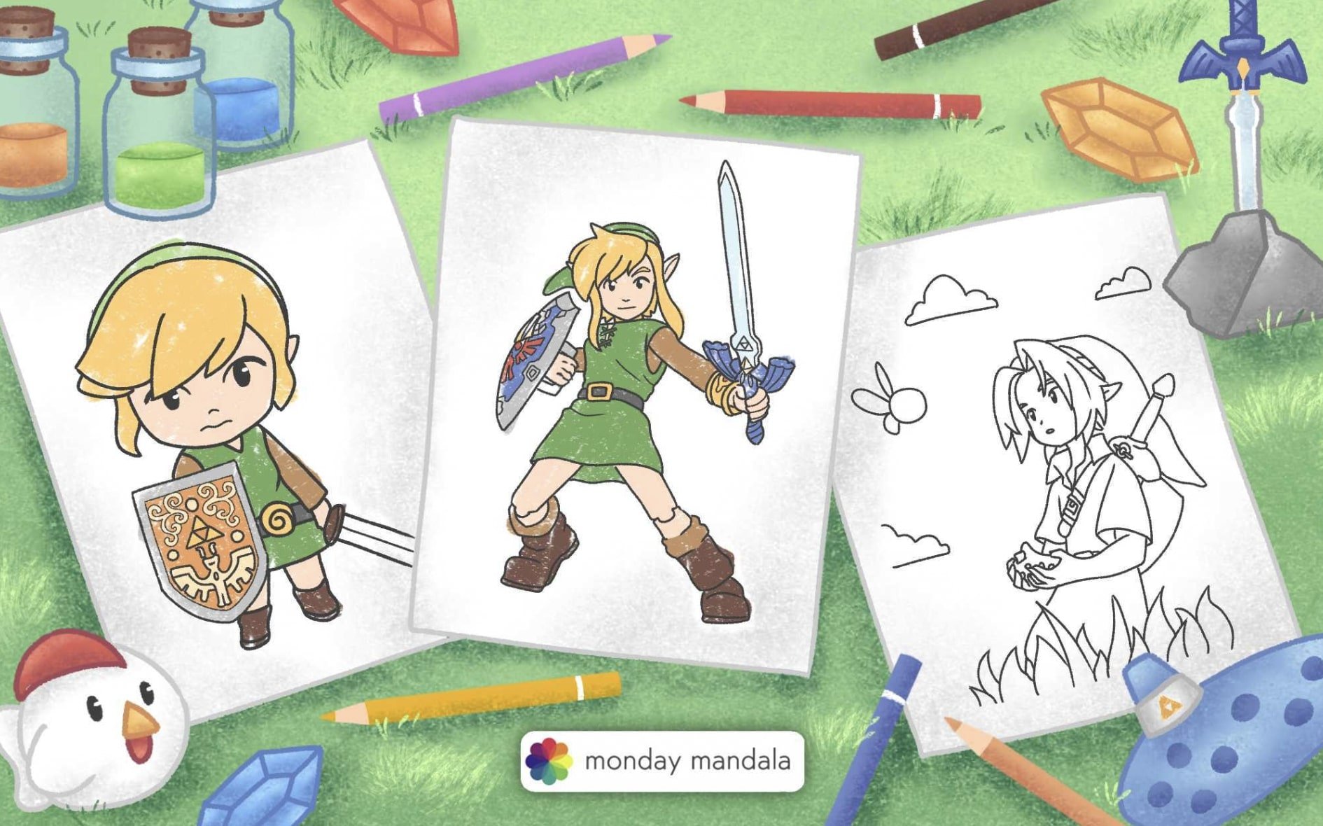 link and princess zelda (the legend of zelda and 2 more) drawn by